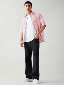 SWAVVY Men's Striped Single-Breasted Short Sleeve Casual Woven Button Up Shirt, School - Baby Pink - View 3