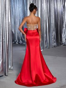 Glamrae Elegant Luxury Beaded Sequin Sexy Strapless Butterfly Decor Mermaid Dress With Trailing Train, Suitable For Wedding, Party, Prom, Evening Gown (Heavy-Duty Design)