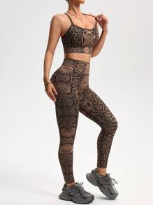 Gameset SHEIN Sport 2pcs Snakeskin Pattern Fitted Athletic Wear Set - High Waist, Enhances Curves Workout Women Sets - Khaki - View 3
