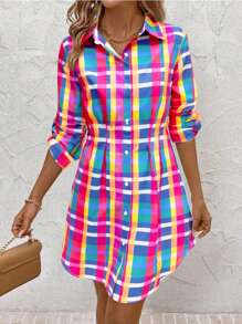 SHEIN Clasi Women's New Fashion Color Plaid Print Shirt Dress For Commute, Work, Street, Dating Outfit São João 2025 Dresses For Women Summer Dresses For Women Graduation Dress,Bohemian Clothes