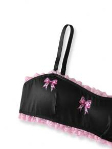 2 件套蝴蝶结印花蕾丝花边甜美可爱少女文胸和内裤套装 - 黑色 - 查看 4