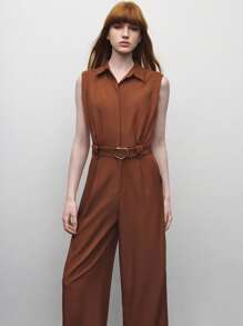 BizChic 2025 Summer New Music Festival Party Look, Versatile Spring/Summer Fashion, Suitable For Weddings, Brunch, Casual/Work Outfits, Office, Date - Women Elegant Sleeveless Jumpsuit With Shirt Collar, Metal Buckle Belt, Brown - Coffee Brown - View 4