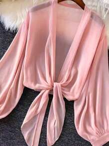 INAWLY Women's Lightweight Lantern Sleeve Tie Waist Cardigan, Summer - Pink - View 2