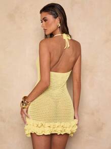 SHEIN BAE Đầm len cổ yếm bèo nhún cho kỳ nghỉ hè của phụ nữ - Màu vàng - Xem 2