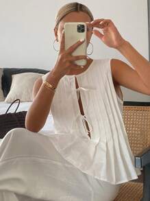 Livesso Blusa de lino con detalle de lazo para mujer, top de volantes tipo babydoll para salir, tops de otoño