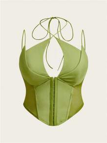 SHEIN ICON Hook And Eye Mesh Insert Crop Cami Black Corset Top - Green - View 1