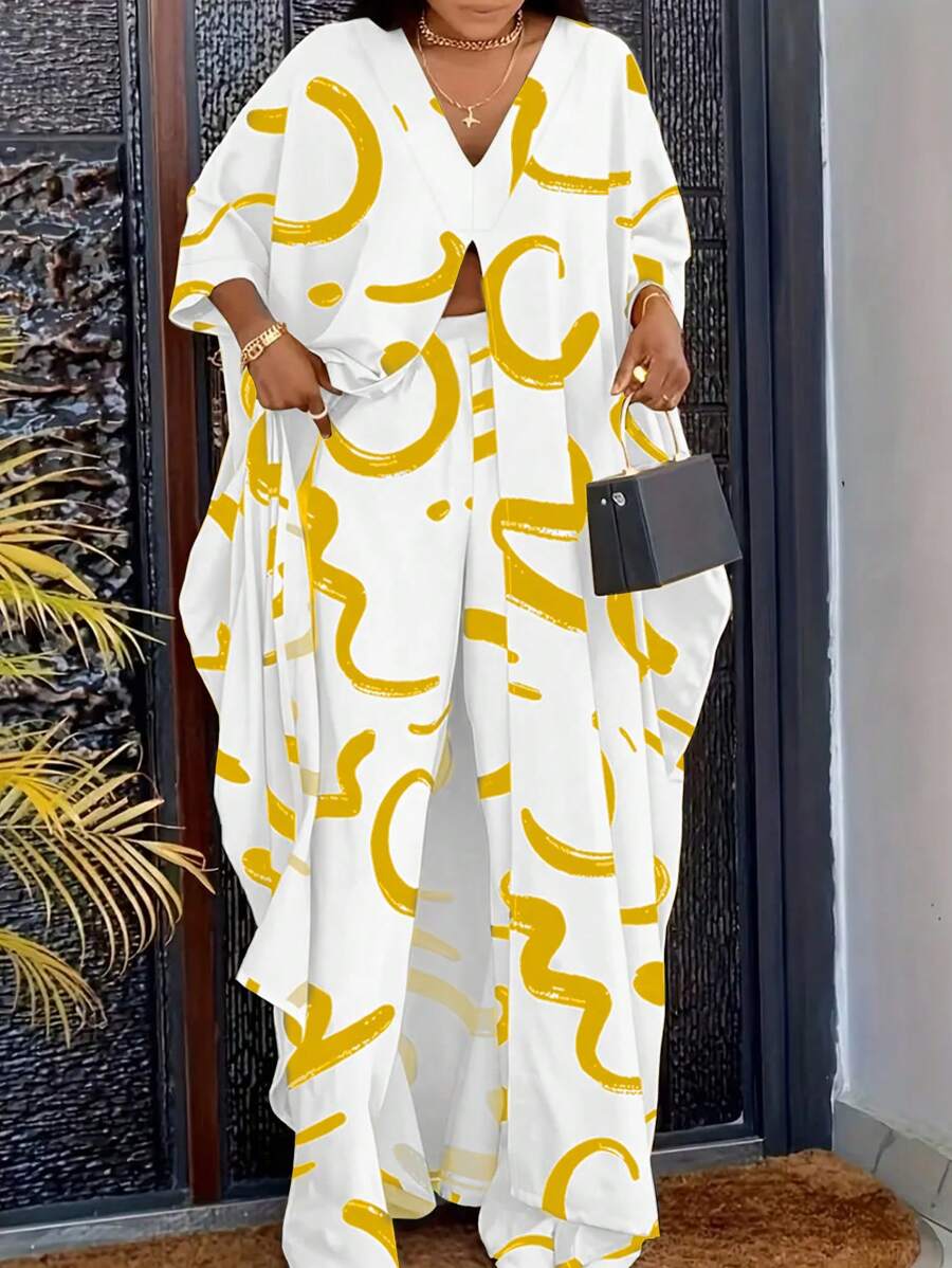 SHEIN Set de 2 piezas de talla grande con top holgado estampado y pantalón de pierna ancha, para el verano