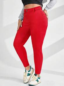 SHEIN ICON 大码纯色牛仔裤，夏季时尚 - 紅色 - 查看 5