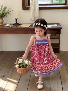 Vestito da bambina/neonata senza maniche 2025, nuovo vestito estivo rosso con stampa floreale retrò per vacanze