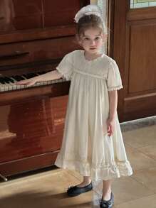 DAZY Young Girl Heavy Lace Patchwork Short Puff Sleeve Solid Color Dress,Girls Summer Outfits - Apricot - View 3