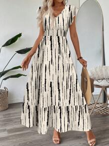 SHEIN LUNE 复古风格休闲度假扎染条纹褶皱盖袖收腰荷叶边下摆 A 字连衣裙，豹纹休闲度假优雅户外装，女士，适合春夏季 - 彩色 - 查看 6