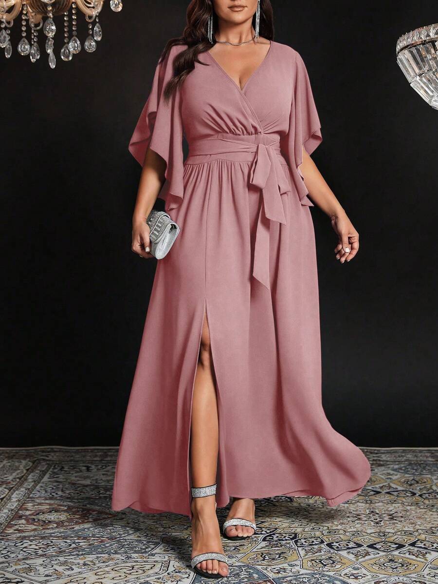 Auvina Vestido largo elegante de fiesta para mujer de talla grande con cuello en V, manga corta acampanada, cintura anudada, drapeado y abertura