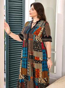 SHEIN Lacomfia فستان كاجوال للنساء ذوات الحجم الكبير بياقة على شكل V وأكمام قصيرة، مطبوع بأشكال متعددة الرموز