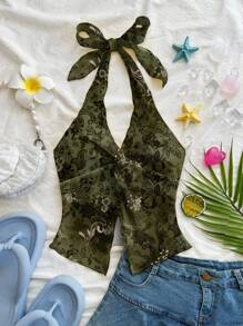 Soleia Áo ba lỗ hở lưng họa tiết cây thời trang gợi cảm thắt nút thắt lưng xẻ tà - màu xanh lá - Xem 4