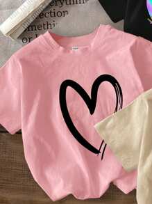 SHEIN Tween Girls Casual Minimalist Tees, Heart, Leopard Print Love, Plaid Heart, Colorful Heart Graphic Designs, Black, Pink, Khaki, Suitable For Summer
