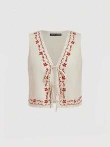 SHEIN MOD 女士V领印花亚麻上衣，适合音乐节、西部风、波西米亚风 - 杏色 - 查看 1