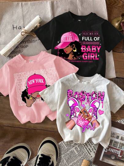 SHEIN 3 件套年轻女孩休闲百搭时尚卡通非裔美国人、心形、“纽约、波士顿”字母印花圆领短袖 T 恤，适合春夏季