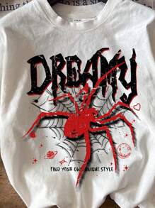 SHEIN Leap Crew Camiseta de manga corta casual para niña preadolescente con estampado simple del logo de araña y cuello redondo, adecuada para outfits de verano - Blanco - Ver 4