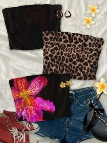 Attitoon 3-teiliges Set mit Leoparden-Muster, tropischem Blumenmuster & schwarzem Top, im Vintage Retro Stil, lässiger Urlaubsstil, sexy Stil, niedlicher Y2K Kokos-Mädchen Boho Musikfestival Stil, passend für Damen Oberteile im Sommer