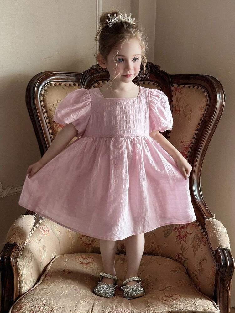 Girls Peter Pan Collar Puff Sleeve Short Dress, Summer