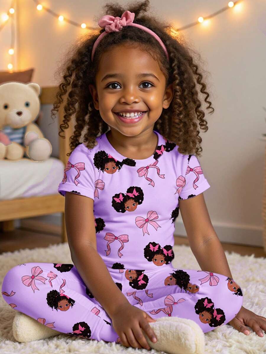 SHEIN Young Girl's Casual Minimalist Snug Fit Round Neck Short Sleeve Set, Comfortable Home Outfit Suitable For All Seasons