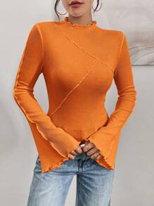 SHEIN Essnce Women Casual Solid Color Ribbed Lettuce Trim Flare Sleeve Fitted T-Shirt, Spring - Orange - View 4