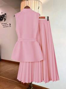 SHEIN Clasi Women's Summer Minimalist Double-Breasted Vest And Pleated Skirt Suit Set, Commuting - Pink - View 2