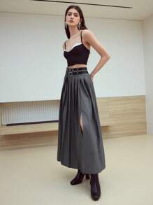 MOTF STUDIO 褶皱开衩裙 - 灰色 - 查看 4