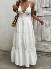 SHEIN EZwear Vacation Halter Country Concert Outfit  Women's Summer Vacation White Woven Halter Neck Dress - White - View 4