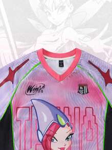 ROMWE MEN Winx Club X ROMWE 男式动漫球衣撞色网眼短袖运动 T 恤，运动服，2000 年代风格 - 粉色 - 查看 4
