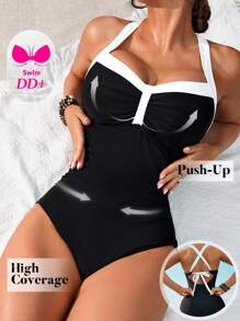 Swim DD+ 1pc Women's One-Piece Swimsuit, Black & White Patchwork, Ruched Bust, Slimming Fit, Stylish Casual Holiday Swimwear For Summer Beach Vacation - Black - View 1