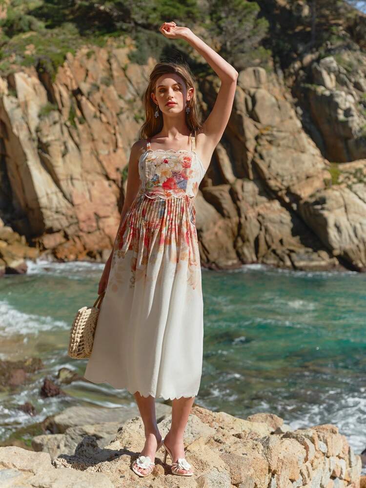 WOMEN'S LINEN CUTOUT WAIST FLORAL PRINT PLEATED MIDI DRESS, SUMMER VACATION
