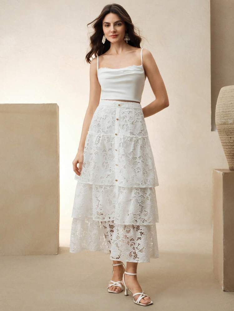 Elegant Embroidered Ruffle Layered A-Line Long Skirt For Women, Suitable For Summer, Classy, Elegant, Beach, Festival, Holiday, Vacation