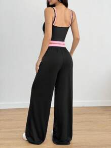 Flirla Bộ đồ thể thao thường ngày phong cách Mỹ 2 món, áo ba lỗ Racerback màu xám và quần cạp cao có họa tiết hoa, dành cho nữ mùa hè - Hồng - Xem 2