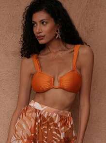 SHEIN Swim Top sin mangas de mujer de unicolor con textura de hielo de cuello en U sexy, ropa de playa para verano