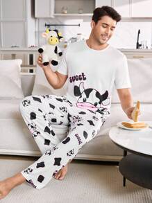 CoupledUp Pijama de verano para hombre con top de manga corta y shorts cómodos con estampado de vaca
