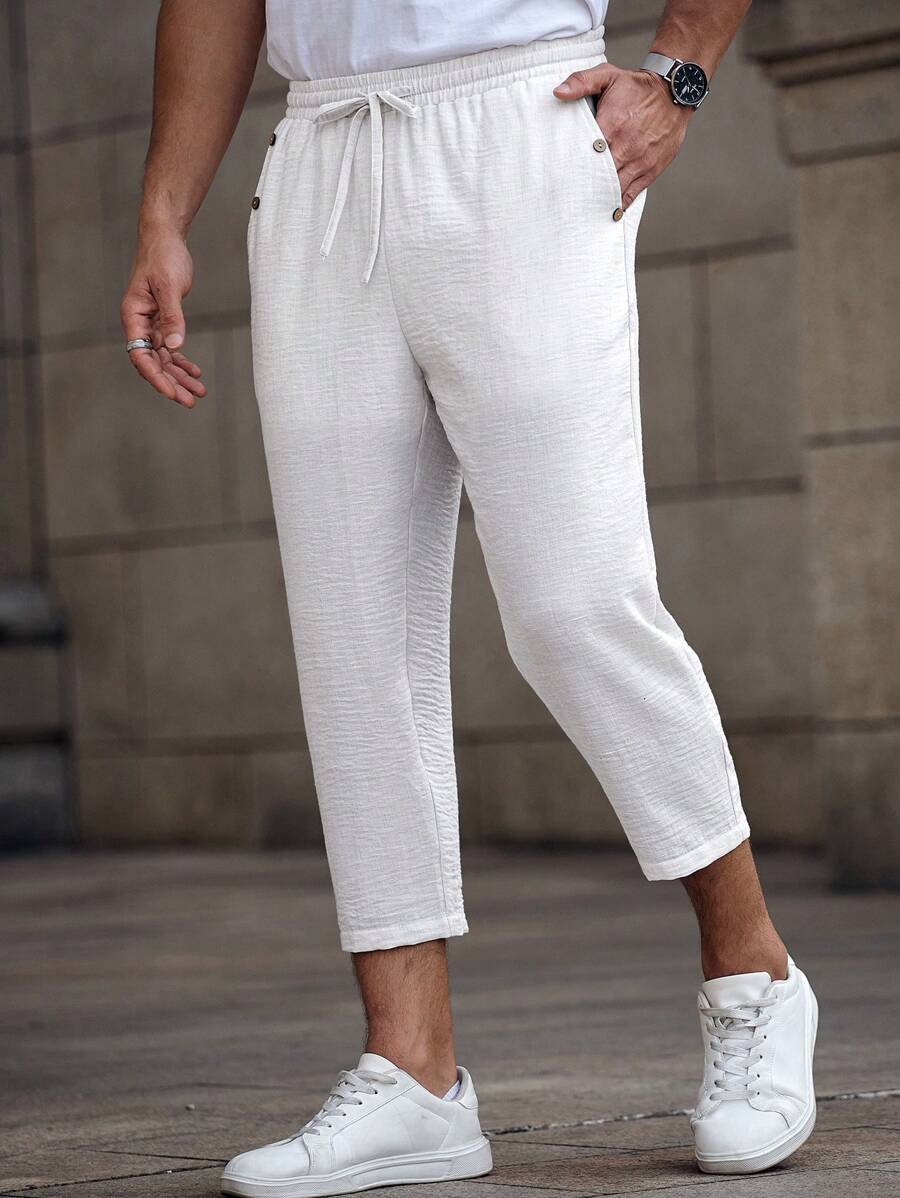 Manfinity RelaxMax Men's Solid Color Drawstring Waist Casual Pocket Straight Leg Pants , Textured Fabric, Suitable For Summer, Vacation, Daily, Party, Couple Matching, Men's Gift, Graduation Gift - White - View 1