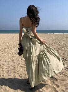 DAZY Women Beach Sleeveless Waist Gathered Midi Dress Cruise Outfit For Women Boho Vacation Outfits Women - Green - View 7