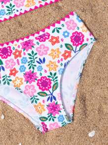 SHEIN 2pcs/Set Young Girl Cute Floral Print Ruffled Hem Bikini Swimwear Set, Spring/Summer Summer Holiday - Multicolor - View 4