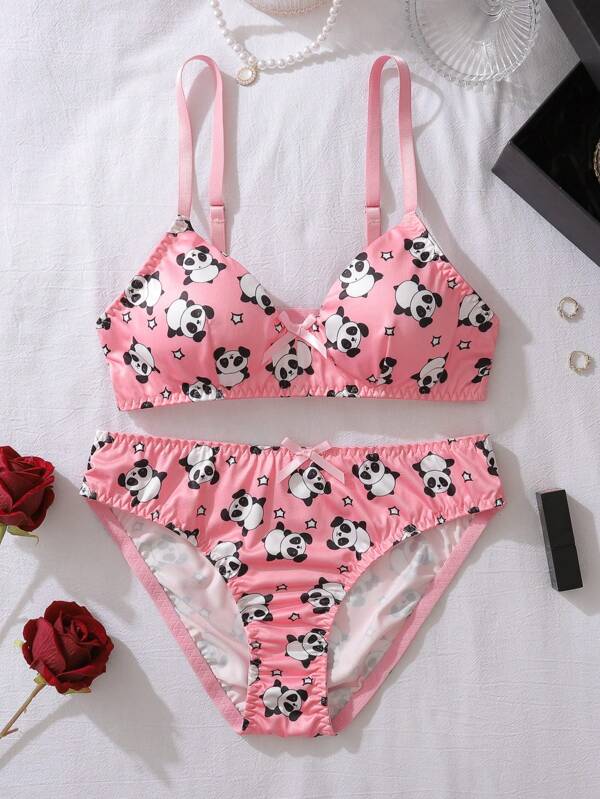 Conjunto de sujetador y panty cómodo y lindo con estampado de panda para niña adolescente