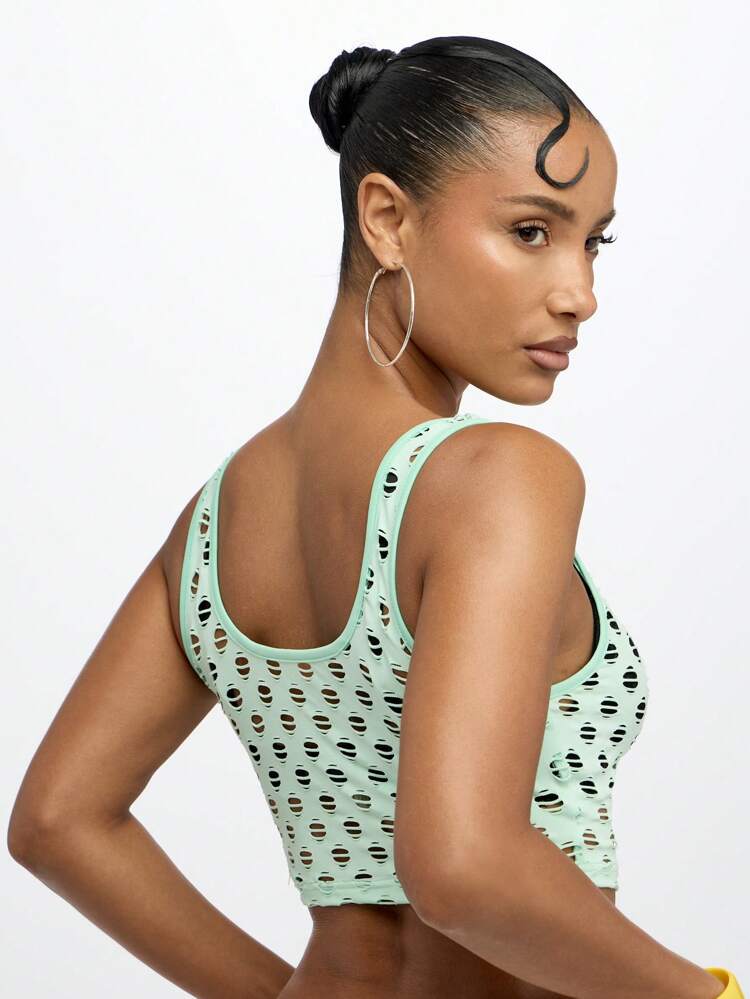 SUMWON WOMEN Perforated Polka Dot Scoop Neck Crop Tank