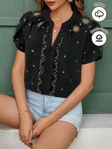 SHEIN Clasi Bluză de damă elegantă, cu decolteu în V, cu mâneci brodate, top casual de primăvară/vară pentru vacanță