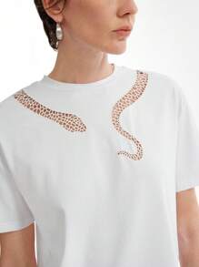Aalyst Women's Casual Hollow Embroidered White T-Shirt, Snake Year Design, Summer