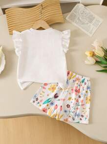 Set de 2 piezas: Blusa de manga corta con cuello redondo y estampado floral + pantalones cortos estampados, conjunto casual y lindo adecuado para exterior, uso diario, primavera/verano para niña joven