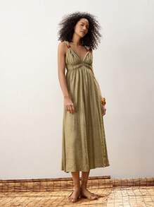 Maija Women's Olive Green Summer Boho Beach Holiday Dress,Minimalist Textured Pleated Flowy Long Dresses For Women,Casual Hawaii Vacation Outfits,Modest - Pink - View 7
