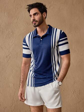 GENTILAND Set de 2 piezas de camisa polo de manga corta y pantalón corto a rayas estampadas de punto casual y ajustado para hombres