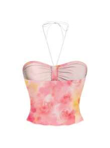 myriadwaveart Floral Print Women Casual Ruched Chest Sleeveless Tight Fit Ribbed Camisole Tank Top, Suitable For Summer