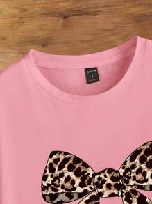 SHEIN EZwear 大码休闲简约蝴蝶结豹纹圆领短袖 T 恤，大码宽松套头 T 恤，夏季 - 藕粉色 - 查看 6