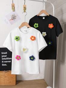 2 Pieces Girls Casual Loose Round Neck Solid Color Short Sleeve T-Shirt With Floral Decor, Summer New Versatile Classic Style,Holiday,Summer,Travel - Multicolor - View 1