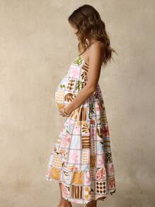 SHEIN Pregnant Women Floral Printed Holiday Casual Sleeveless Dress Summer Clothing  Boho   Ruffle - Multicolor - View 4